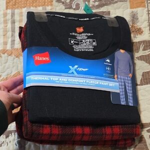 Hanes Pajamas! Black Thermal Top and Red Plaid Fleece Pants